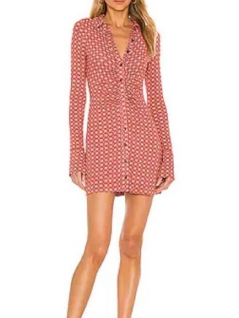 Free People Shayla Mini Dress Red Micro-Print Button Mini Dress - Picture 3 of 13